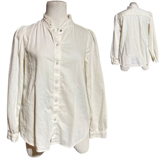 GAP White Ruffled Snap-Front Blouse | Size Medium | Long Sleeve Button Top - Picture 1 of 12